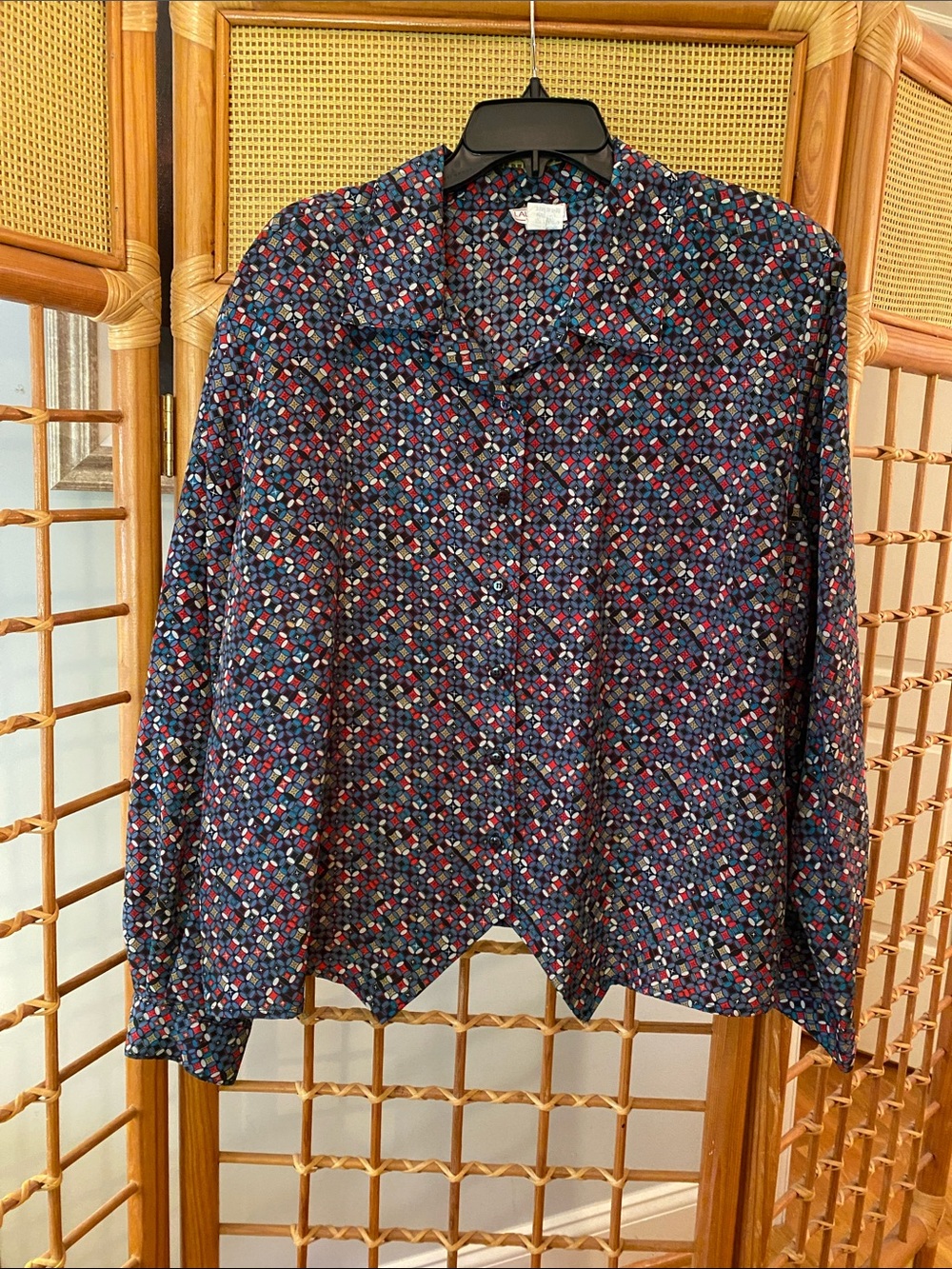 Womens Navy Multi-Color Printed Button-Up Blouse